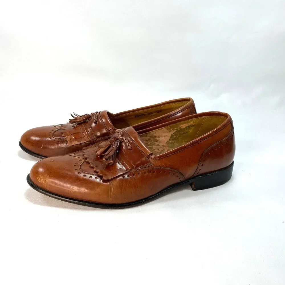 Mens Stacy Adams Cognac Wingtip Oxford Leather Dress Shoes Size 9M Slipon Brazil